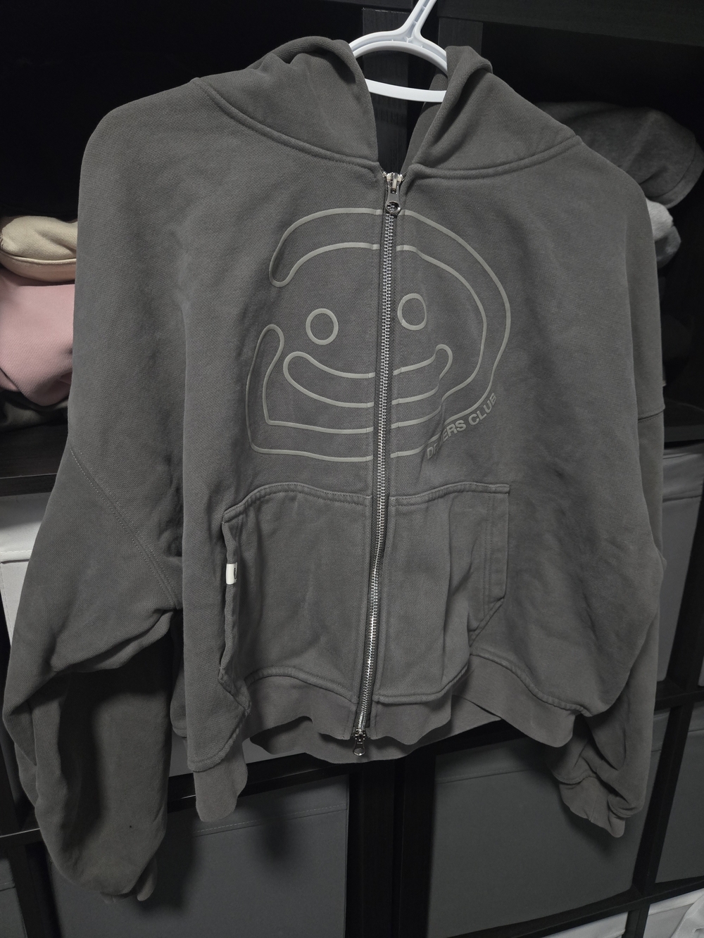 Drmers Club Smiley Boxy Double Zip Hoodie In Charcoal Grey Size Medium